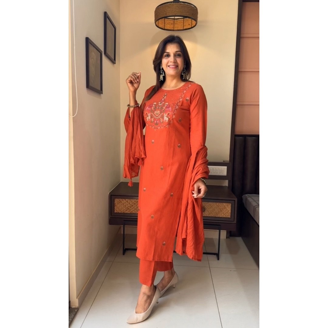 Orange Cotton Chikankari Embroidered Kurti Set